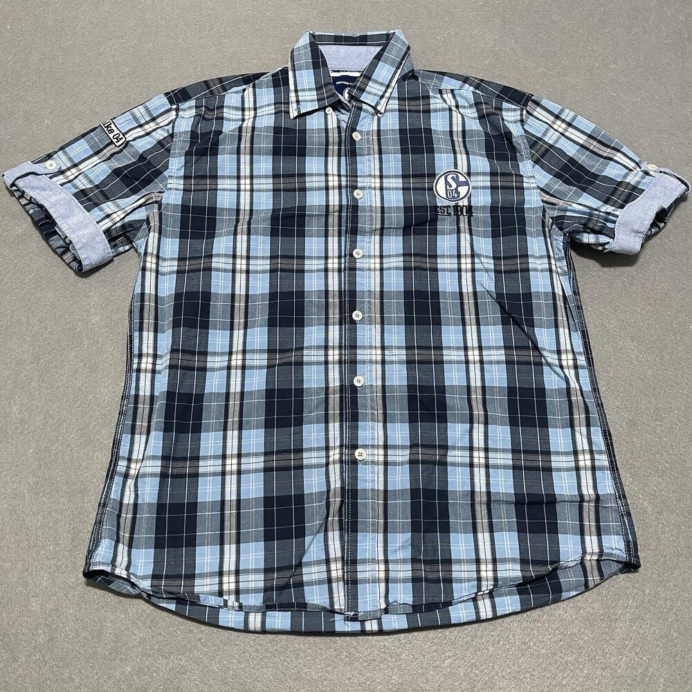 FC Schalke 04 Shirt Mens Large Blue Plaid Short Sleeve Button Down Official Gear